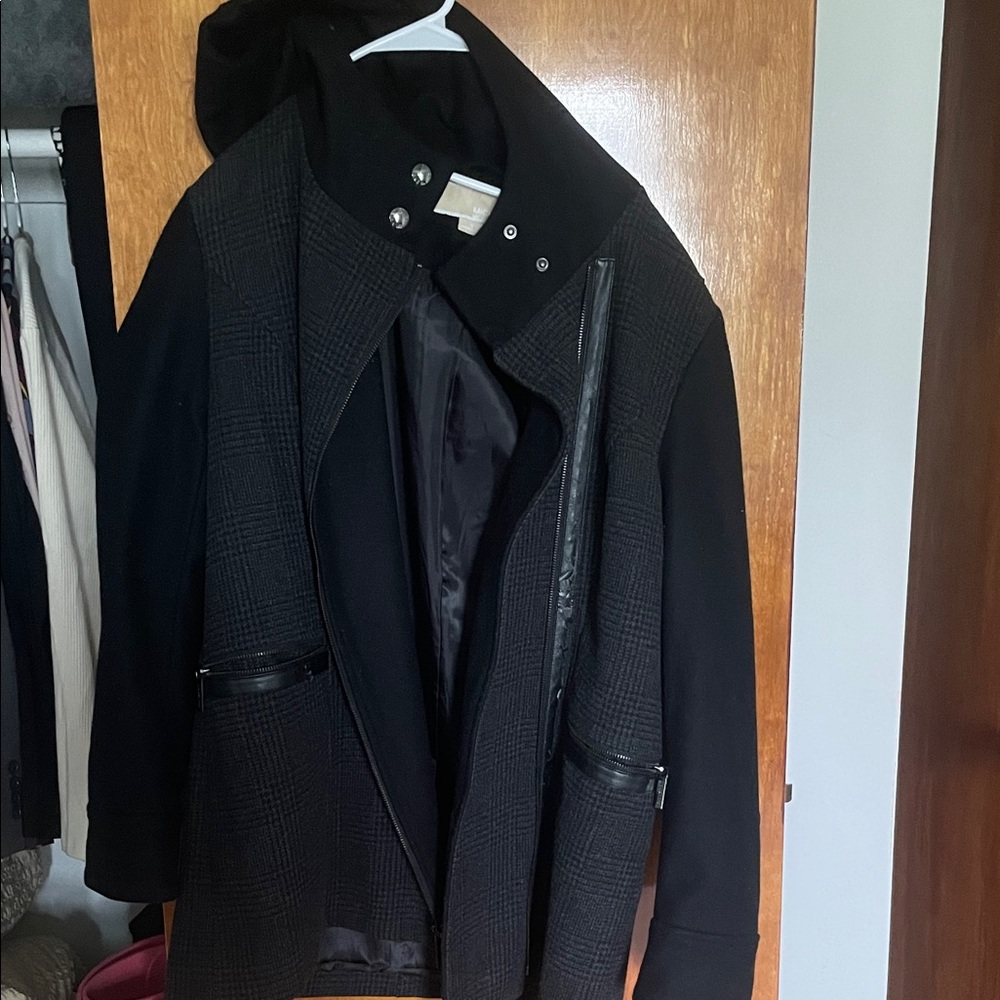 Michael Kors Black Wool Blend Hooded Pea Coat